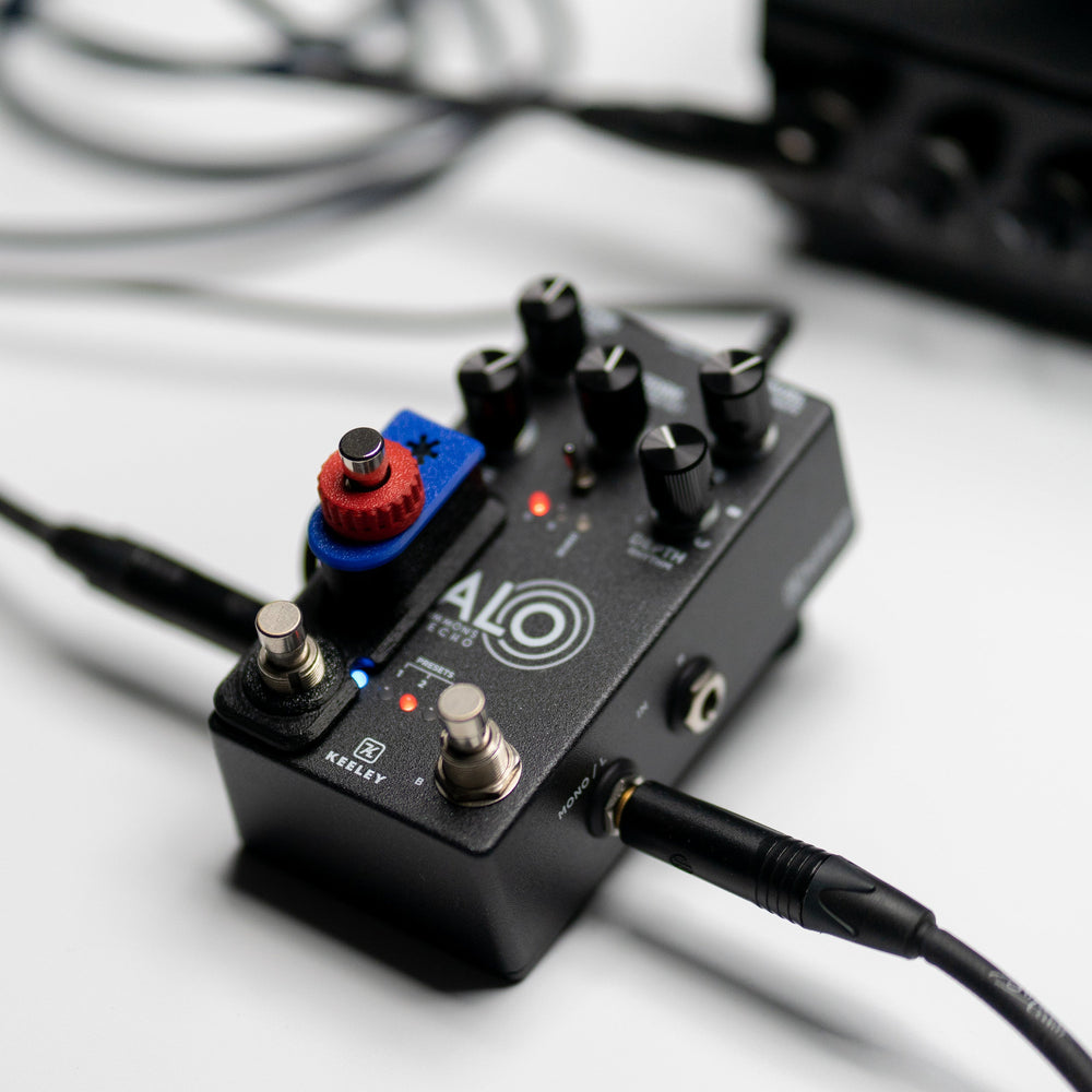 Cltchworks KL-1 tap tempo footswitch fitted to a Keeley Halo, cabled up on a desk